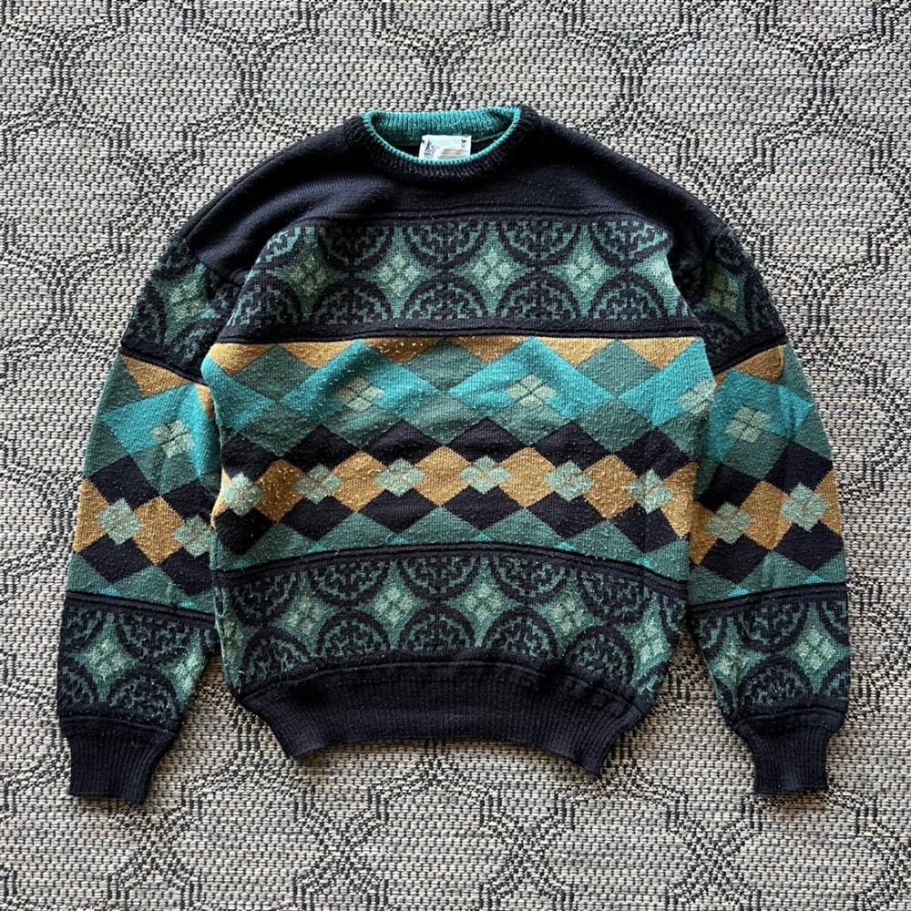Vintage London Fog Sweater Mens‎ Medium Multicolor Geometric Argyle Wool Blend